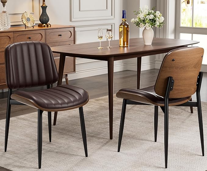Dining Chairs Set of 6, Mid-Century Modern Upholstered PU Leather Chairs with Walnut Bentwood Back and Metal Legs Adjustable Feet for Kitchen Dining Living Room, Dark Brown Vertical Stripes