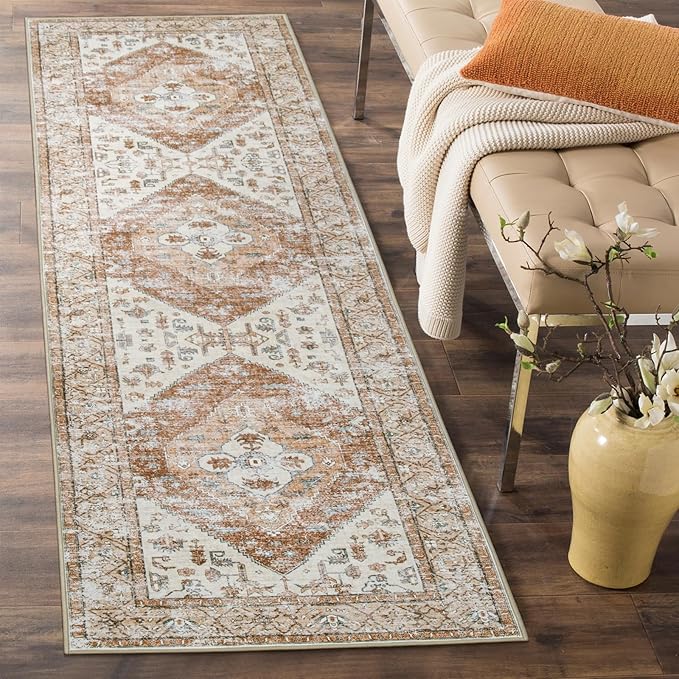 Lahome Boho Washable Runner Rug - 2x6 Hallway Rug Kitchen Runner Non-Slip Throw Thin Bedroom Rugs Laundry Room Oriental Distressed Print Carpet for Entrance Bathroom Living Room
