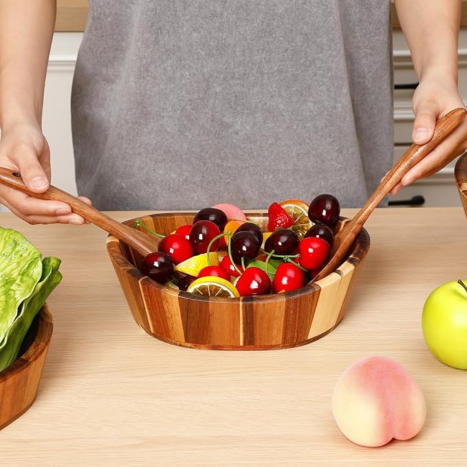 Yunlly Wooden Salad Bowl Set of 5 - Large Fruit Mixing Bowls with Salad Servers Utensils for Serving Dining Accessory - Handmade - Acacia Wood - Large 12", Medium 10", Small 8" (Wavy Design)