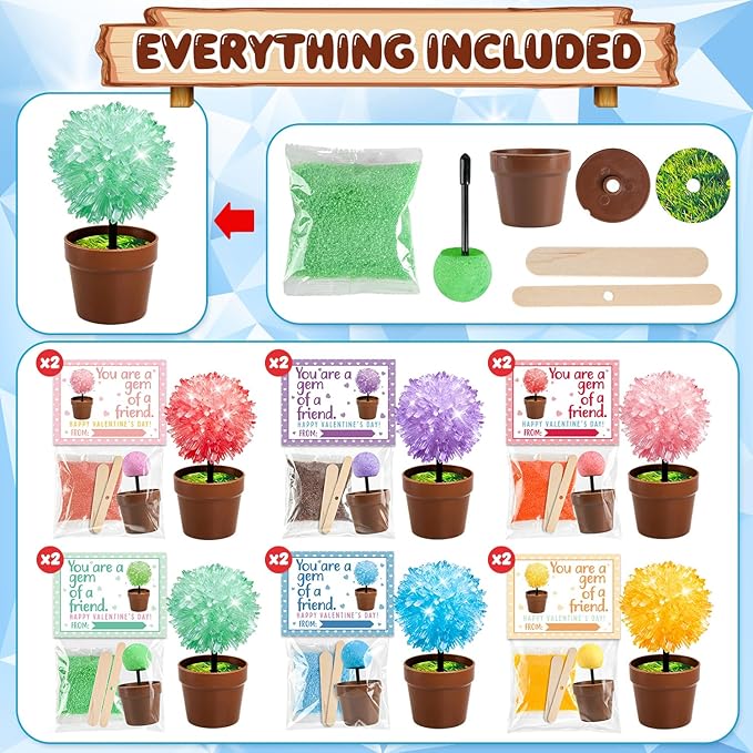 MOVINPE Crystal Flower Growing Kit for Kids – 12 Pack Valentine’s Day Classroom Gift Exchange, STEM Crystals Flower Science Kits with 6 Colors Crystal Powder & Seeds, Non-Candy School Gifts