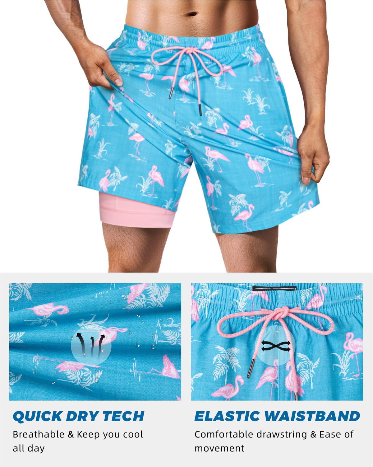SURF CUZ Mens Swim Trunks with Compression Liner Quick Dry Swim Shorts 7" Swimming Trunks Stretch Zipper Pockets,Flamingo-Green,XL