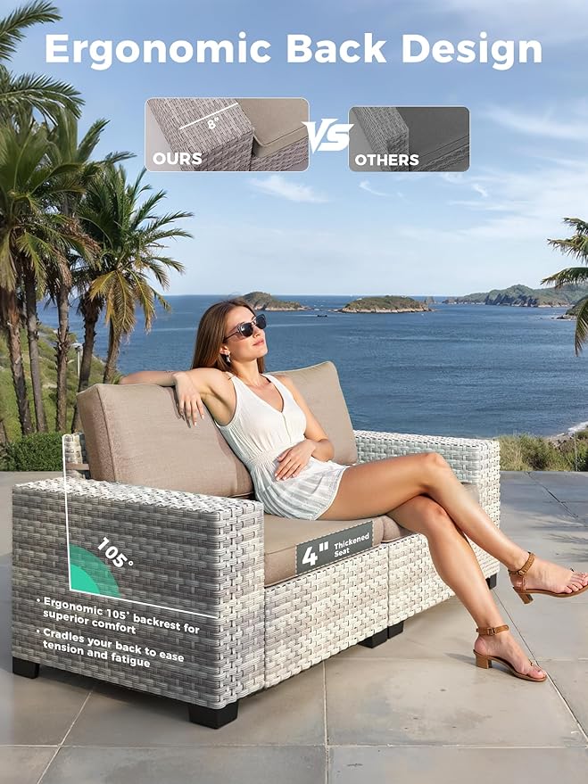 6 Piece Outdoor Wicker Rattan Sectional Sofa Set, 5-Seats Patio Furniture Conversation Set with 4" Thickened Cushions & Coffee Table, All-Weather PE Rattan for Garden, Backyard, Porch, Beige