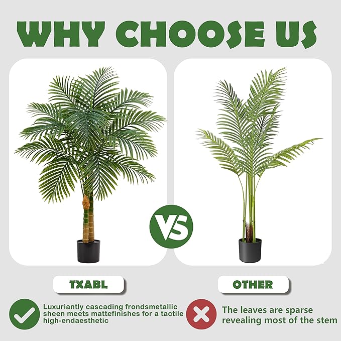 Artificial Palm Tree Indoor Plant Tall Fake Tropical Palm Tree in Pot with Real Bark Design Faux Areca Palm Tree for Home Office Living Room Bedroom Farmhouse Modern Outdoor Decor (13 Leaves 4 FT)