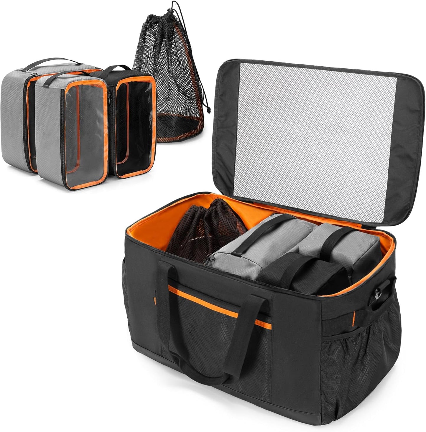 Camping Gear Organizer, 3 Pcs Camping Packing Cubes and 1 Pcs Mesh Pocket with Carrying Bag for Kitchen Supplies, 5-in-one Tactical Travel Storage with Transparent Window for Car Trunk Patented Design