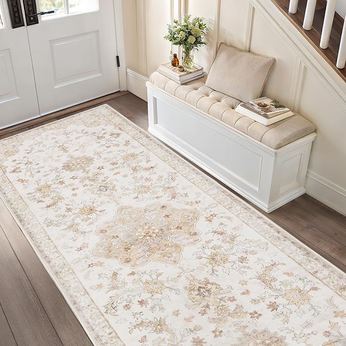 Amada 2x6 Washable Runner Rugs, Non-Slip Kitchen Runner Rug with Low Profile, Durable Bound Edge, Soft Long Vintage Rug for Living Room, Bedroom, Hallway