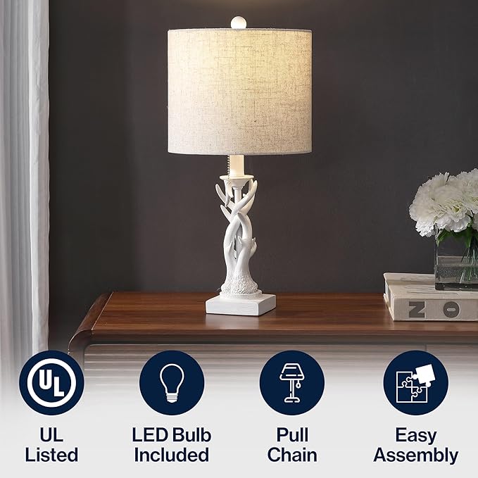 JONATHAN Y 20.5" Antique White Rustic Antler Table Lamp for Bedroom Farmhouse Decor, Mini Faux Antler Desk Lamp with Gray Linen Shade, Lodge Cabin Nightstand Lamp, LED Bulb (JYL1031C)