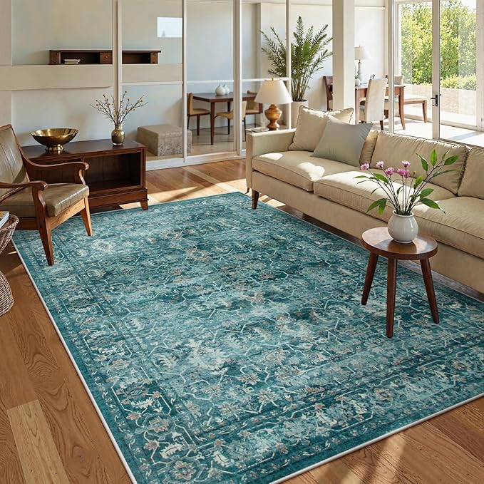 Lahome Vintage 5x7 Washable Blue Rugs for Living Room Bedroom, Soft Dining Room Rugs for Under Table, Non Slip Indoor Throw Carpet for Entryway Kitchen Office (5x7ft,Blue)