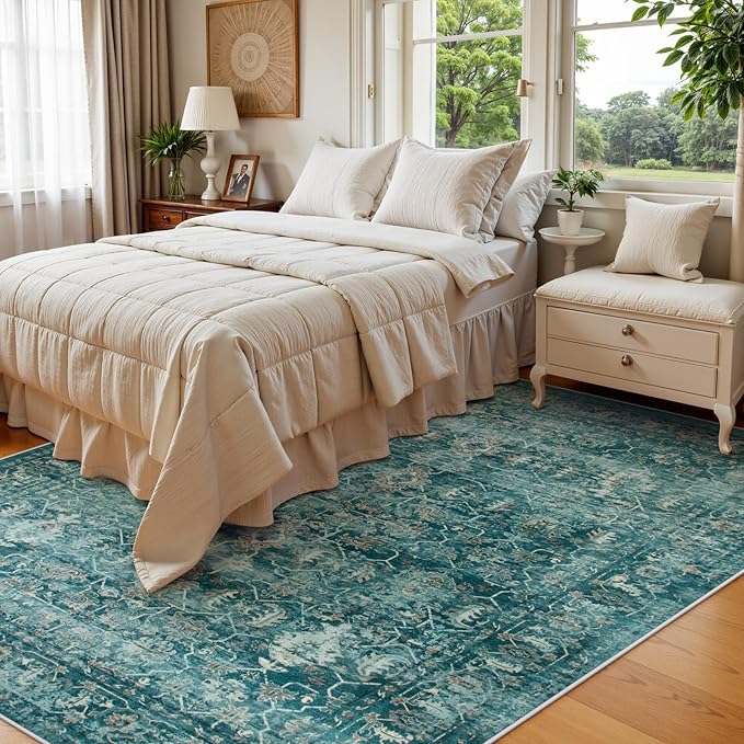 Lahome Vintage 6x9 Washable Blue Rugs for Living Room Bedroom, Soft Dining Room Rugs for Under Table, Non Slip Indoor Throw Carpet for Entryway Kitchen Office (6x9ft,Blue)