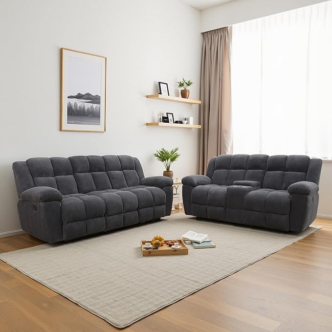 Manual Recliner Sofa Set,Fabric Reclining Couch Set,Modern Living Room Furniture Set,Reclining Sofa Couch Chair for Living Room Home Office (Dark Grey Upgraded Version, Sofa+Loveseat)