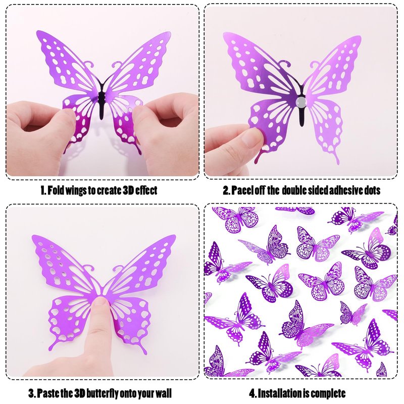 SAOROPEB 3D Butterfly Wall Decor - 48 Pcs, 4 Styles, 3 Sizes - Purple Butterfly Decorations for Birthday Parties, Removable Stickers