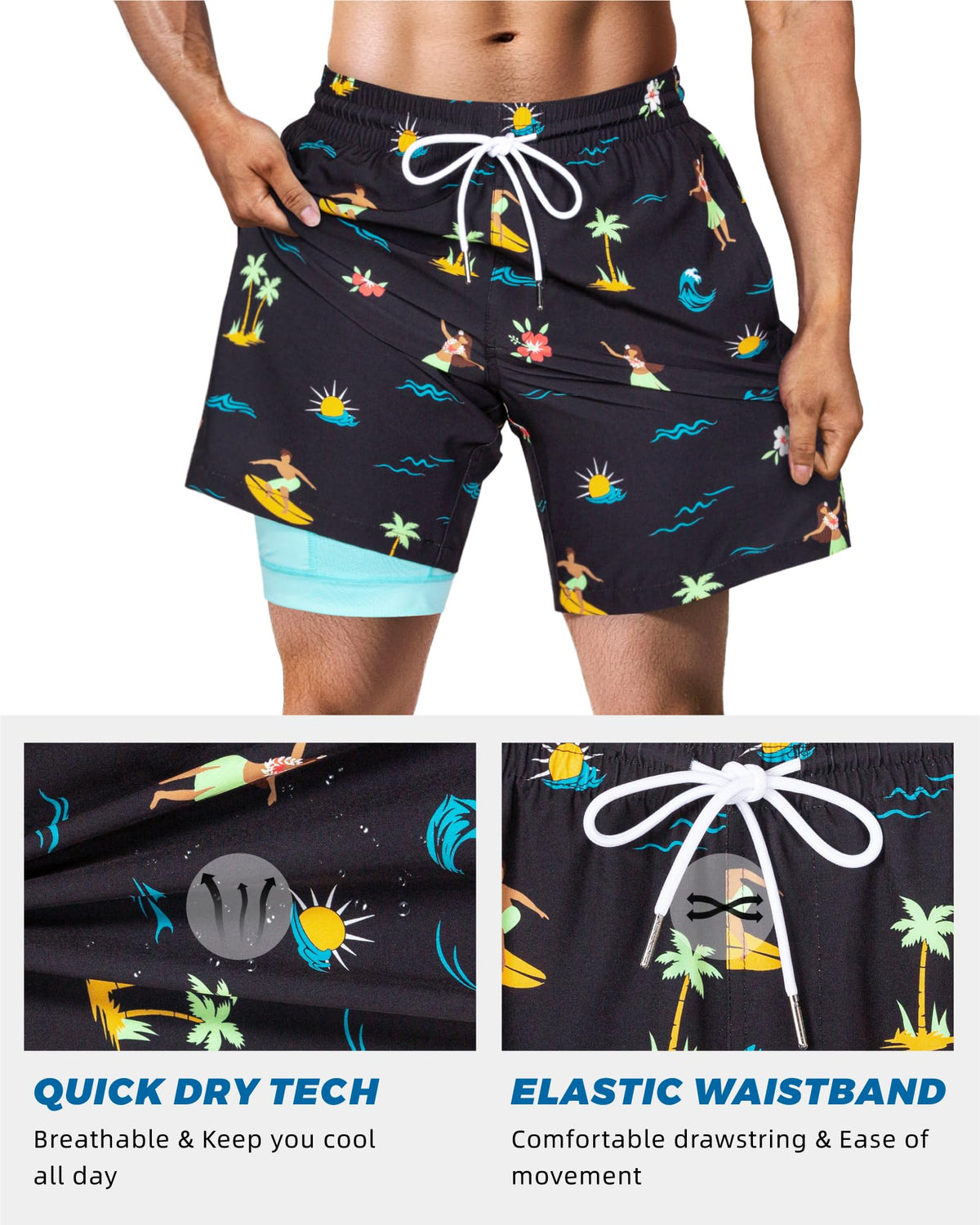 SURF CUZ Mens Swim Trunks with Compression Liner Quick Dry Swim Shorts 7" Swimming Trunks Stretch Bathing Suit 7 Inch,Hawaii Trip,M