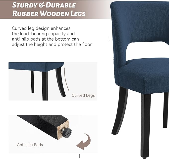 VKNOW Wooden Dining Chairs Set of 4, Modern Fabric Upholstered Dining Room Chair Kitchen Chairs, Farmhouse Dinner Chair for Kitchen Dining Room, Blue-Black Legs