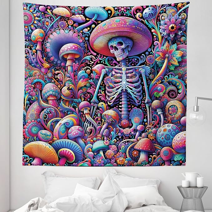 Ambesonne Trippy Tapestry Queen Size, Rave Tone Psychedelic Skeleton Mushroom Huddles Psychedelic Jungle, Wall Hanging Bedspread Bed Cover Wall Decor, 88" X 88", Magenta Indigo Multicolor