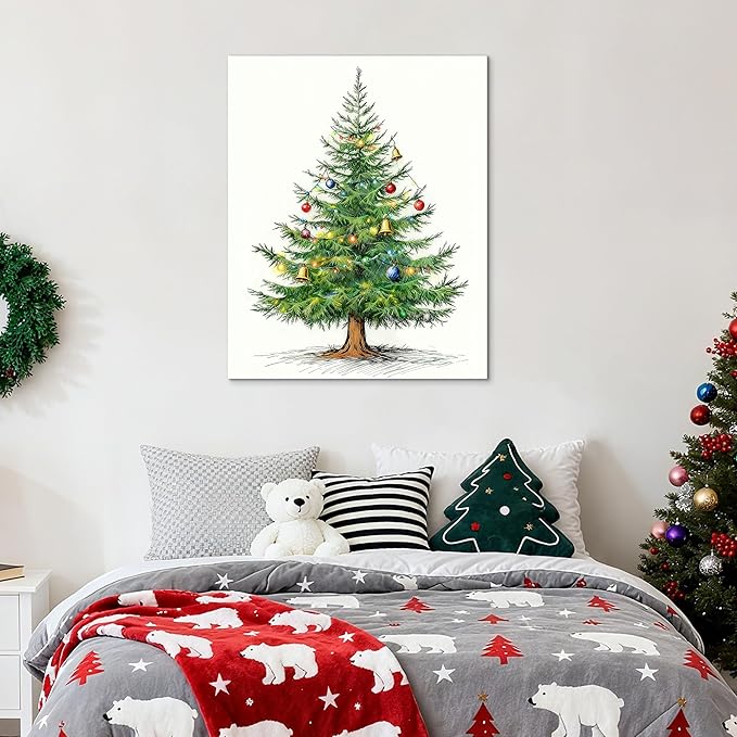 Framed Christmas Pictures Wall Decor,Vintage Pine Tree Prints,Winter Christmas Canvas Wall Art Decoration for Bedroom Bathroom Living Room Rustic Xmas Holiday Gifts (Christmas Tree 4, 16'' X 20'')