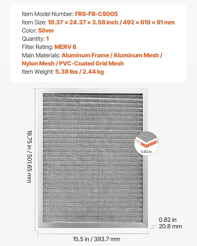 VEVOR 20x25x4 inch Electrostatic Air Filter, AC/HVAC Furnace Filter Washable &