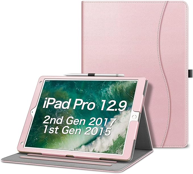 Fintie Multi-Angle Case, 2017/2015 iPad Pro 12.9 inch (Old Model) 1st & 2nd Gen Case - [Corner Protection] Folio Stand Cover with Pencil Holder & Pocket, Auto Wake/Sleep, Rose Gold