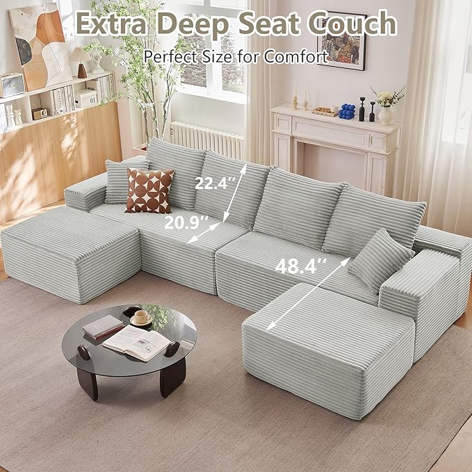 140" Sectional Cloud Couch for Living Room, Stupendous U Shaped Sofas, Modular Floor Deep-Seat Sofa, Big Comfy Corduroy Couches Set with Fluffy Memory Foam, No Assembly Required, Grey