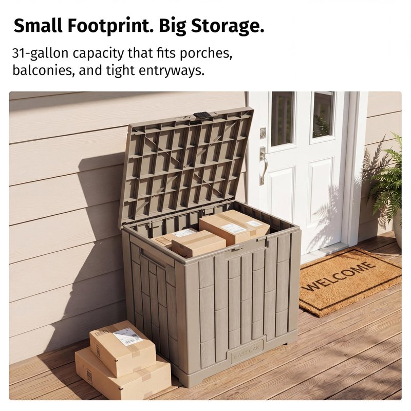 EAST OAK Outdoor Storage Box, 31 Gallon Deck Box, Waterproof Resin Storage Bin for Patio Cushions, Gardening Tools, Accessories, Lockable, UV Resistant, Brown