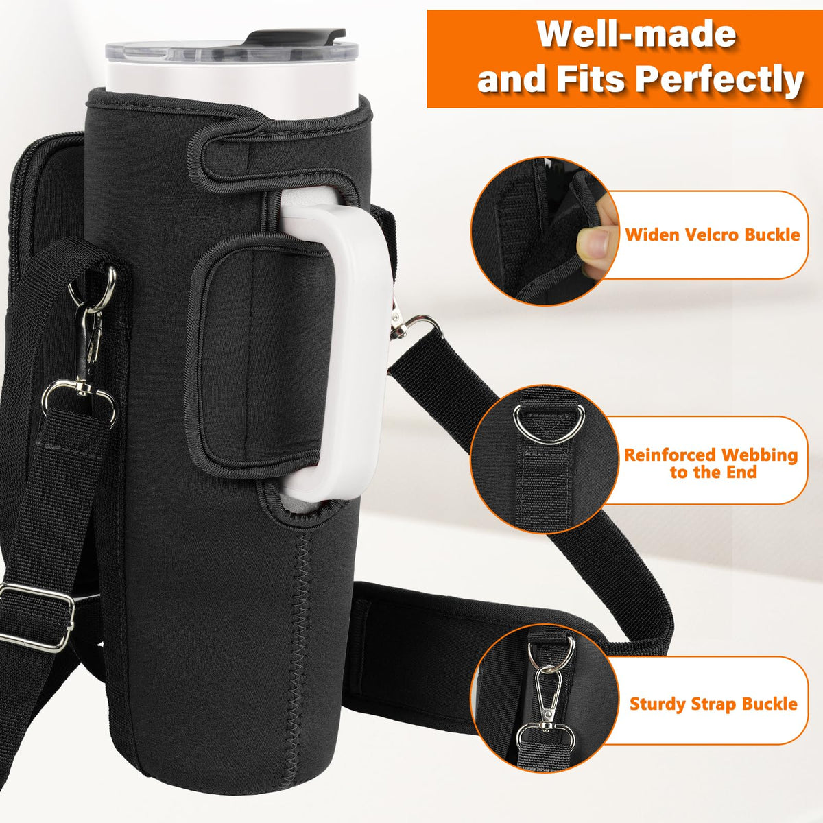 Water Bottle Carrier Bag with Phone Pocket Compatible with Stanley/Meoky 40 oz Tumbler with Handle,Water Bottle Holder Pouch with Adjustable Strap Compatible with Stanley Cup Accessories,Black