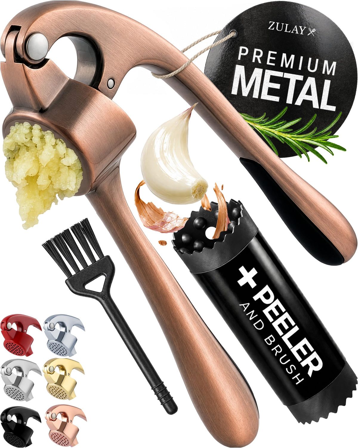 Zulay Kitchen Premium Garlic Press Set - Rust Proof Professional Garlic Mincer Tool - Easy-Squeeze, Easy-Clean with Soft Handle - Silicone Garlic Peeler & Brush (Rose Gold)
