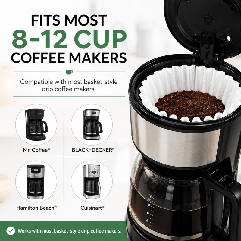 Coffee Filters for 8-12 Cup, 100 Count White Basket Coffee Filters, Strong & Tear Resistant Disposable Paper, Compatible with Most Basket Coffee Makers