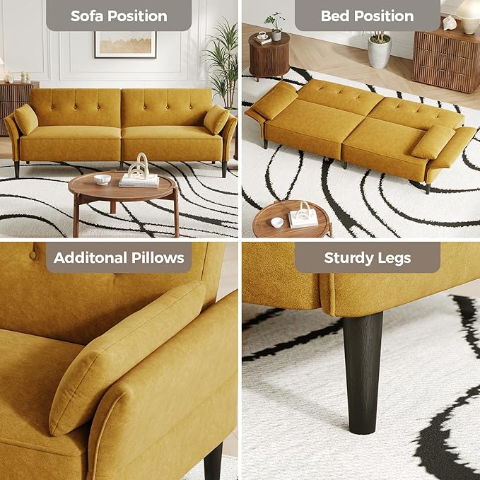 89” Futon Sofa Bed, Comfy Futon Couch Bed with 2 Square Pillows,Convertible Sleeper Sofa with Adjustable Backrest& Armrests, Modern Loveseat Sleeper for Living Room,Velvet Fabric Yellow
