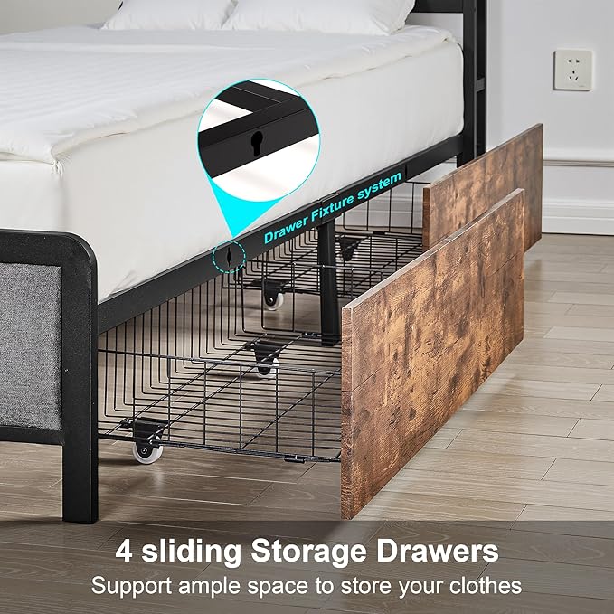VECELO Full Size Upholstered Metal Bed Frame with Storage Drawers, LED Headboard, USB & Type-C Ports, Linen Fabric Platform Bed with 9 Legs Support, Noise-Free Design, No Box Spring Needed, Grey