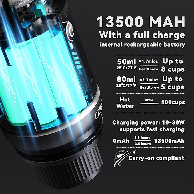 CERA+ PCM03S Portable Espresso Machine, 13500mAh Self-Heating Coffee Maker