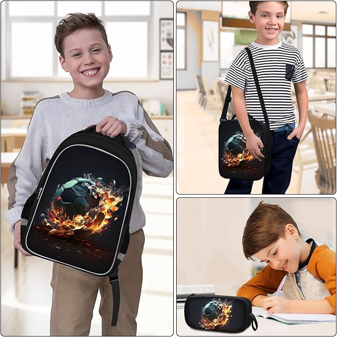 School Backpack for Boys - 4pcs Soccer Boys Backpack with Lunch Box and Pencil Case for Kids Children Teens Elementary Middle School - Students Bag for Ages 6-18,17″Bookbag Travel Back Pack