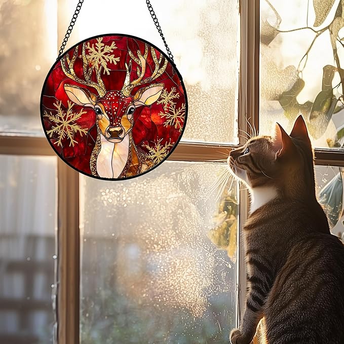 Stained Glass Window Hanging 4 Pcs Set Red Golden Snowflakes 7.8" - Christmas Elk Rabbit Suncatcher Door Garden Sun Catcher Decor Birthday for Mom Woman Nana Men