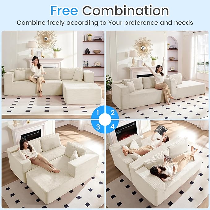 PUREMIND 106" White Cloud Sectional Couch Sectional Couches for Living Room, Corduroy L Shape Sofa with Deep Seat, Modular Boneless Foam Couch Corner Couches No Assembly Required