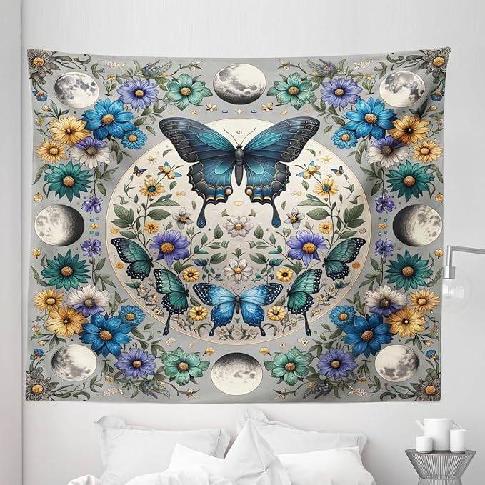 Ambesonne Boho Tapestry King Size, Wreath of Colorful Flowers with Moon and Butterfly Pattern Witchy Scenery, Wall Hanging Bedspread Bed Cover Wall Decor, 104" X 88", Sea Blue Pale Grey Teal
