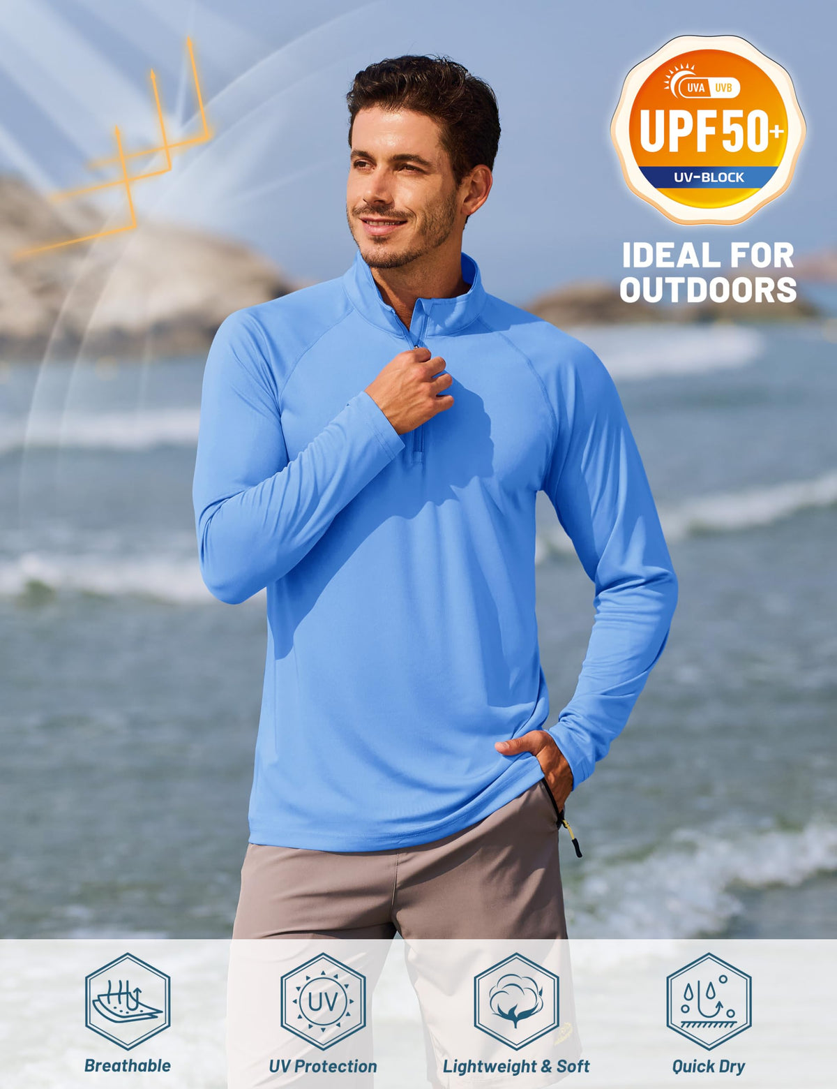 TACVASEN Long Sleeve Swim Shirts for UPF 50+ Sun Protection Pullover Shirts Quick Dry Rash Guard Outdoor 1/4 Zip Workout T-Shirts Light BlueXXL