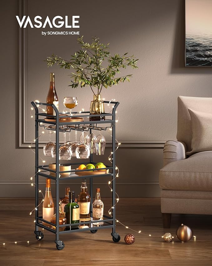 VASAGLE Bar Cart, Home Bar Serving Cart, Small Bar Serving Cart with 3-Tier Shelf, Wine Holders, Glass Holders, Mini Bar Cart for Small Spaces, Kitchen, Dining Room, Living Room, Ink Black