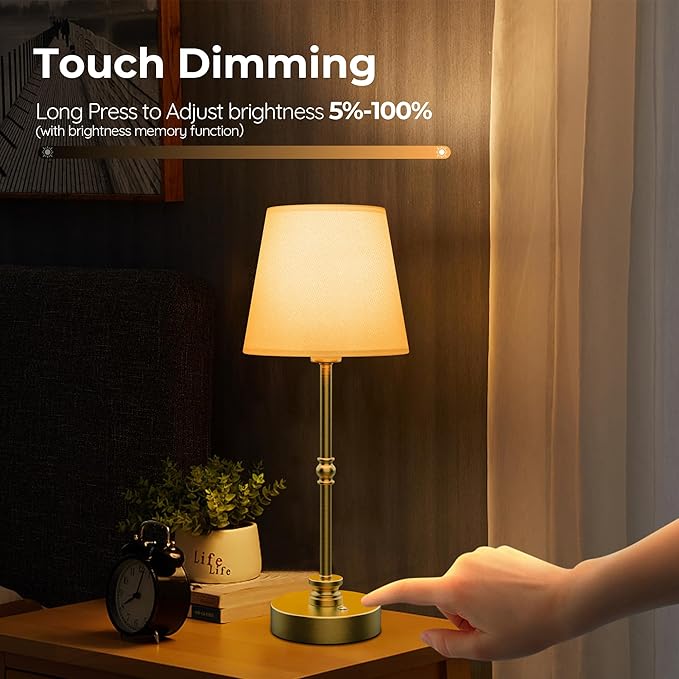 Rechargeable Table Lamp Cordless,5200mAH Battery Operated LED Lamp,3000K Stepless Dimming,Portable Touch Control Wireless Lamp for Dining Room Living Room Bedroom Restaurant Gold 1 Pack