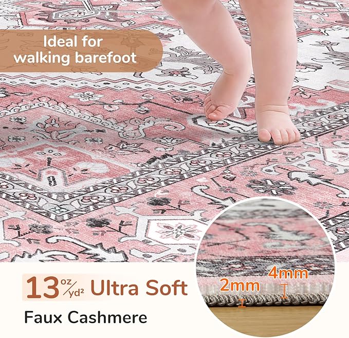 OPPODREAM Thin 8x10 Area Rugs, Washable Rugs 8x10 with Non Slip Backing, Faux Cashmere Low-Pile 8 x 10 Carpet, Pink & Cream