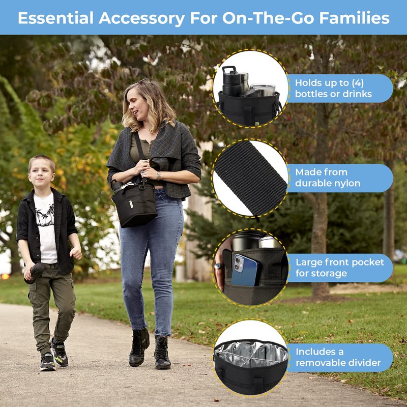 4 Water Bottle Holder with Strap | Family Size 4 Compartment Drink Bag, Multiple Tumbler Carrier Caddy | Adjustable Fits Large & Small Drinks | Hands Free, Won't Tip Over in Car (Black)
