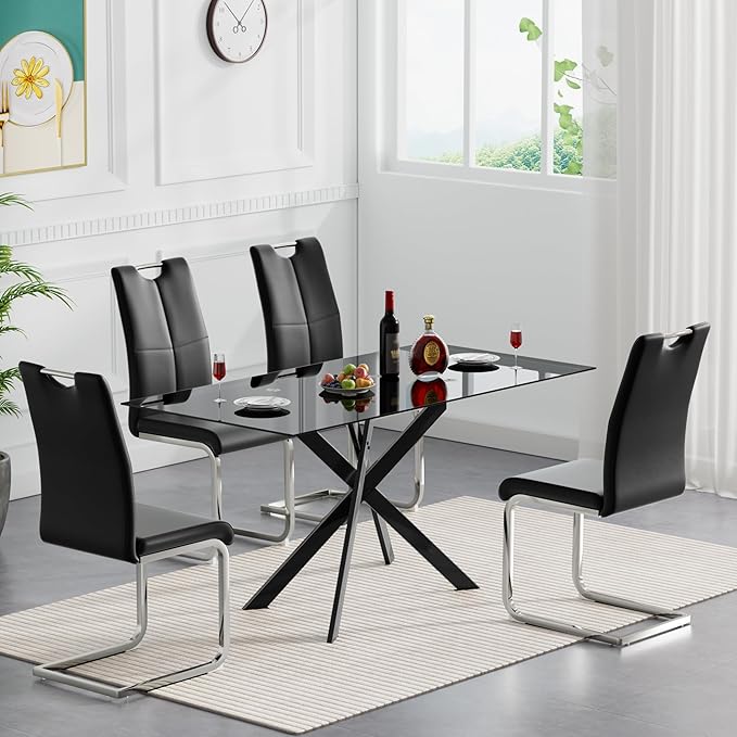 51" Rectangular Glass Dining Room Table for 4 with Tempered Glass Top and Black Metal Legs, Modern Black Kitchen and Dinner Table for Home Office Dining Room