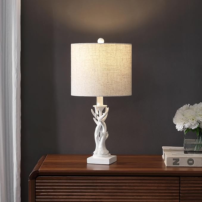 JONATHAN Y 20.5" Antique White Rustic Antler Table Lamp for Bedroom Farmhouse Decor, Mini Faux Antler Desk Lamp with Gray Linen Shade, Lodge Cabin Nightstand Lamp, LED Bulb (JYL1031C)