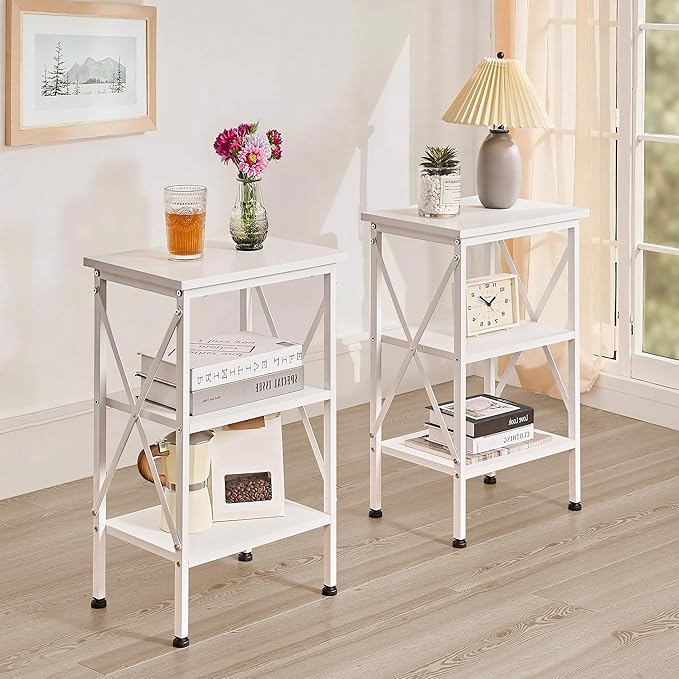 VECELO End Table Set of 2, Bedside Table, 24" Tall Living Room End Tables, X-Design Reinforced Nightstands, Side Table with 3-Tier Storage Shelves for Small Spaces, Office, Bedroom, Pearl White