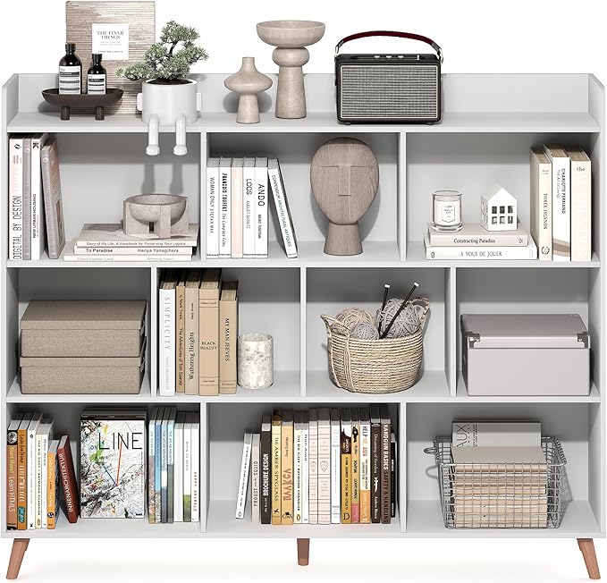 Furinno Claude Book Shelf, 10-Cube Mid Century Style Bookshelf, Bookcase, Storage Organizer with Wood Legs, 9.4" x 55.1" x 45.1", for Living Room, Bedroom, Home Office, White