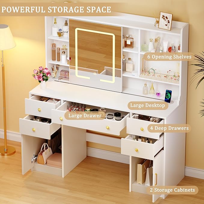Vanity Desk with LED Lights & Sliding Mirror, Makeup Vanity with Lights, Power Outlet, White Vanity Desk with 5 Drawers & 2 Cabinets, 6 Storage Shelves for Bedroom