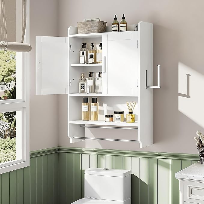 VECELO Bathroom Wall Cabinet, Wall Mounted Medicine Cabinet, Space Saver Storage Cabinet with Towel Bar for Bathroom Laundry Room Kitchen