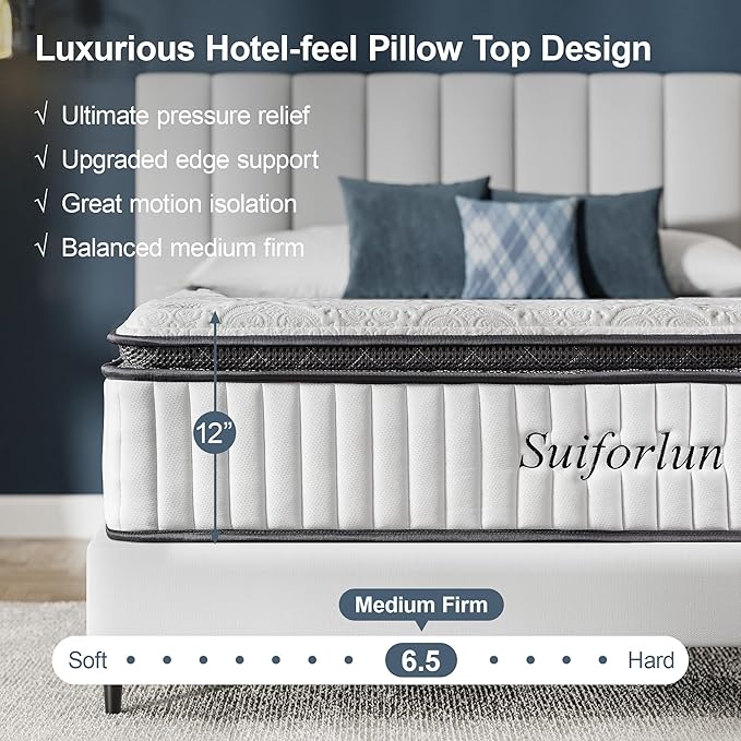 Suiforlun King Mattress 12 Inch, Pillow Top Gel Memory Foam Hybrid Mattress with Luxury 7 Layers, Zone Pocket Coils Innerspring for Back Pain Relief, Medium Firm, 120 Nights Trial