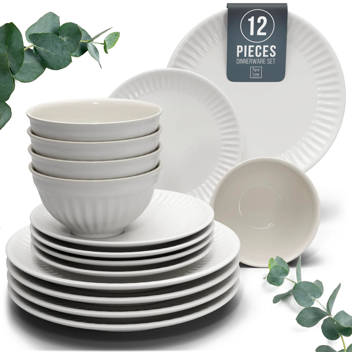 12 Piece Stoneware Dinnerware Set for 4, Handmade Plates and Bowls Set