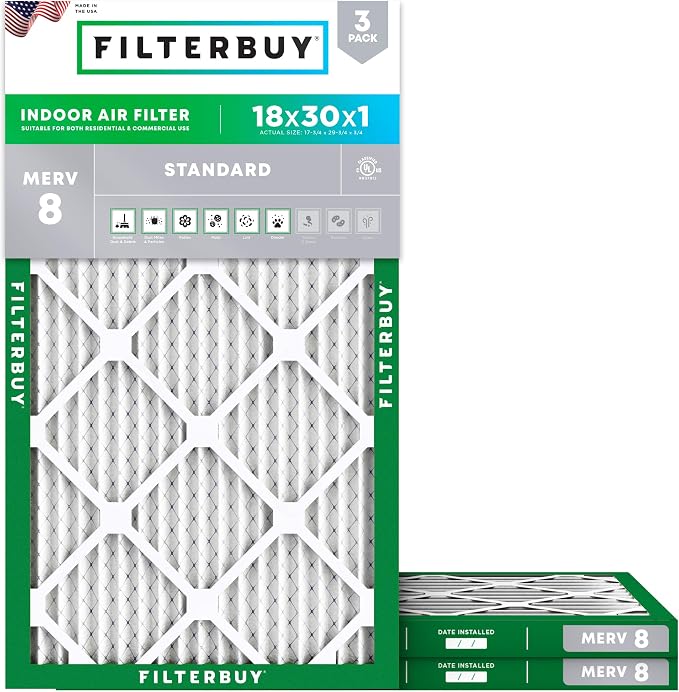 Filterbuy 18x30x1 Air Filter MERV 8 Essential Dust & Allergy Defense,