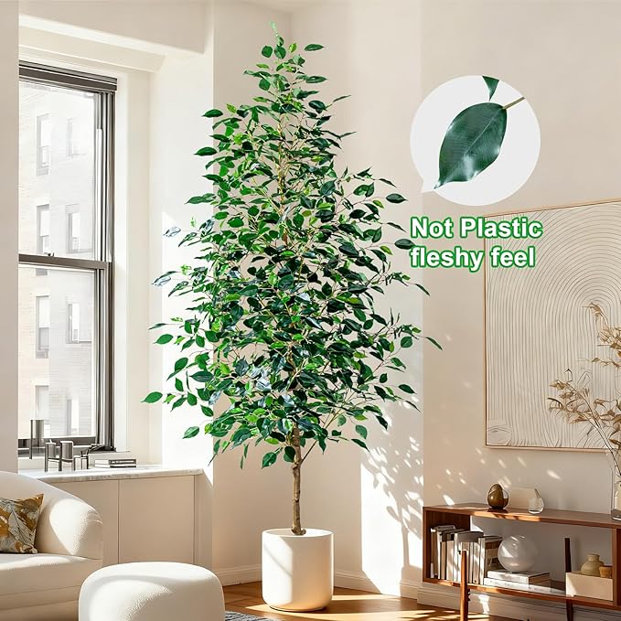 7FT Artificial Ficus Trees Indoor Faux Trees Indoor Fake Floor Plants Tall Artificial Tree with White Pot Faux Tree Fake Indoor Tree Silk Plants Artificial Trees for Home Decor Indoor