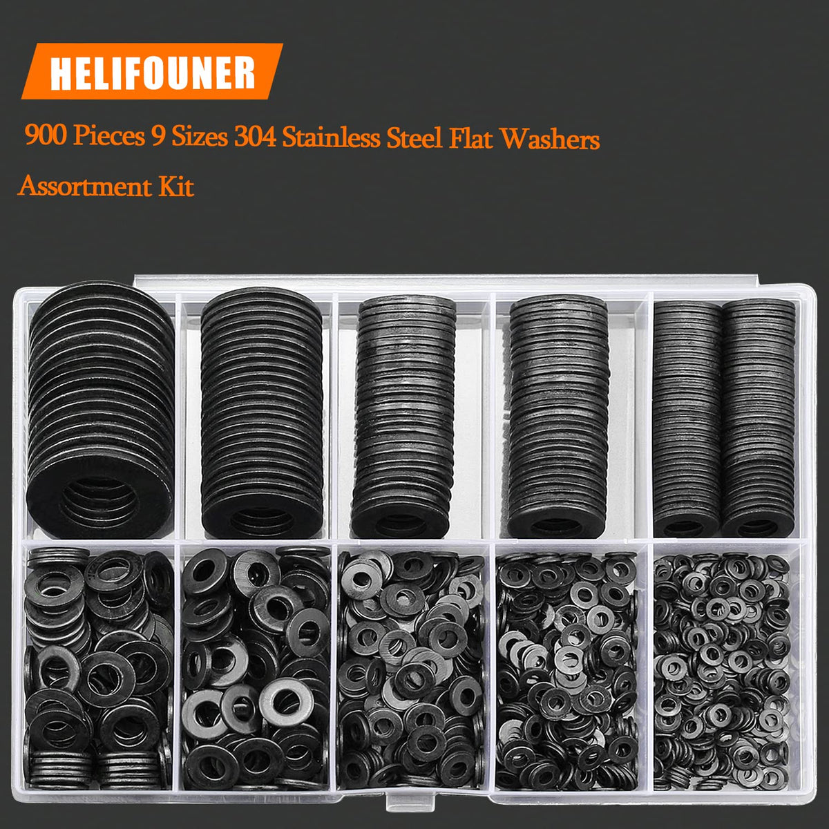 900 Pieces Black Zinc, HELIFOUNER Flat Washers Assorted Kit, Flat Washers, Metric Washers, Lock Metal Washers (M2 M2.5 M3 M4 M5 M6 M8 M10 M12)
