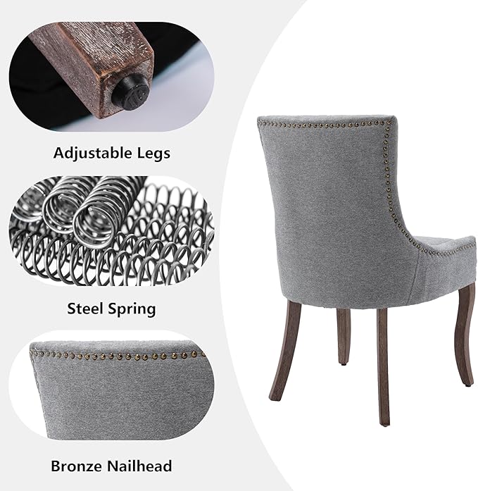 Farmhouse Dining Chairs Set of 2, Upholstered Fabric Dining Room Accent Chairs with Wood Legs & Bronze Nailhead, High Wingback Kitchen Chairs for Living Room Hotel Apartment, Gray