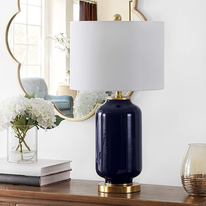 SAFAVIEH Lighting Collection Amaia Modern Contemporary Navy Glass 26-inch Bedroom Living Room Home Office Desk Nightstand Table Lamp (LED Bulb Included)
